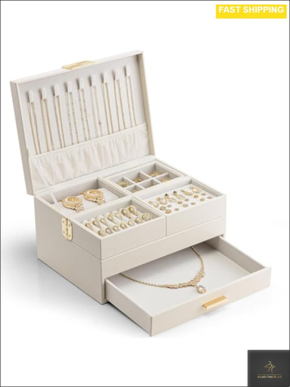 VLANDO 3 Layer Jewelry Box with Retractable Tray & Drawer, Faux Leather Jewelry